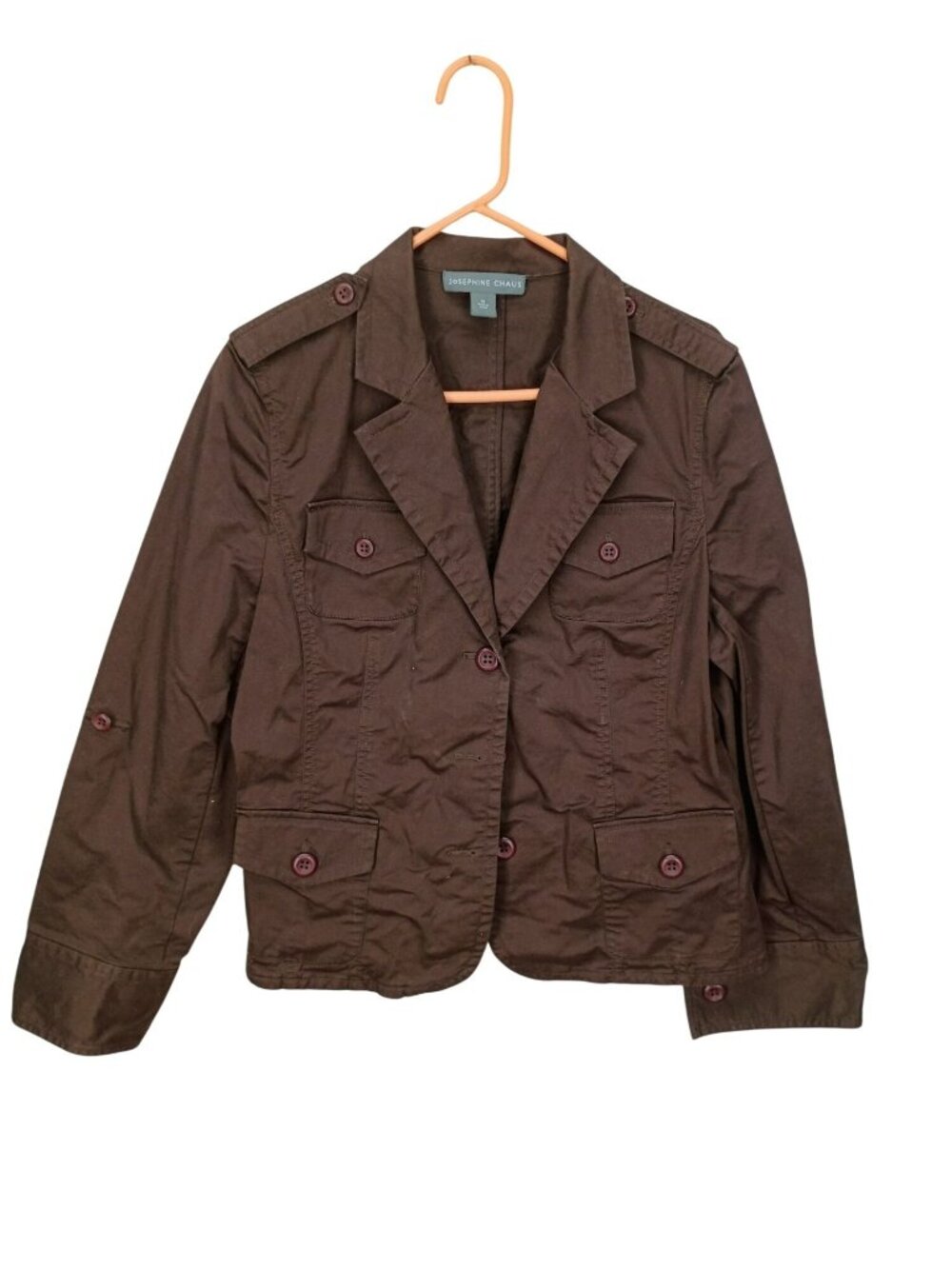 Brown Button-Front Military Style Jacket With Pockets Size 16